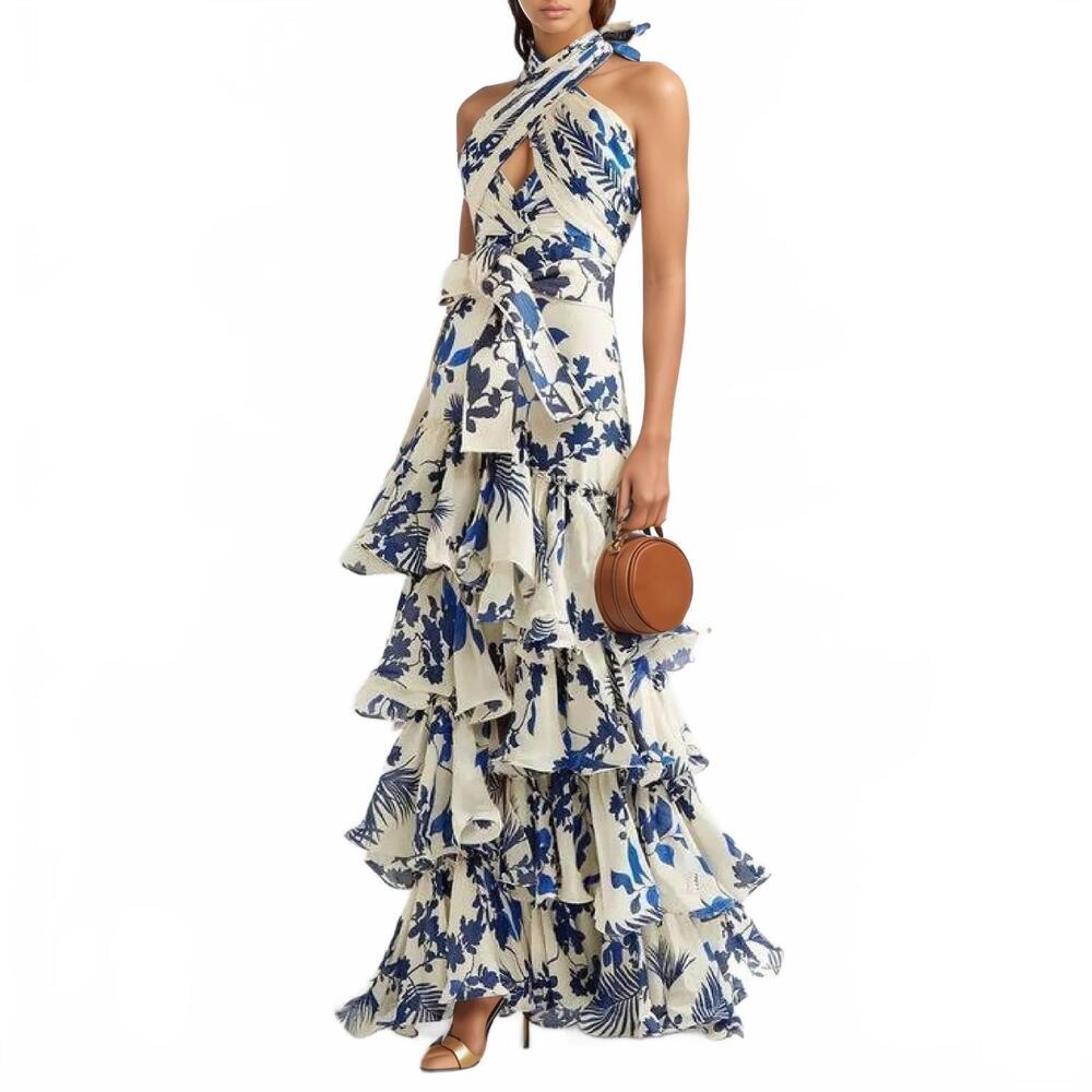 NEW SANYAO FASHION bohemian tie-strap printed dress in blue